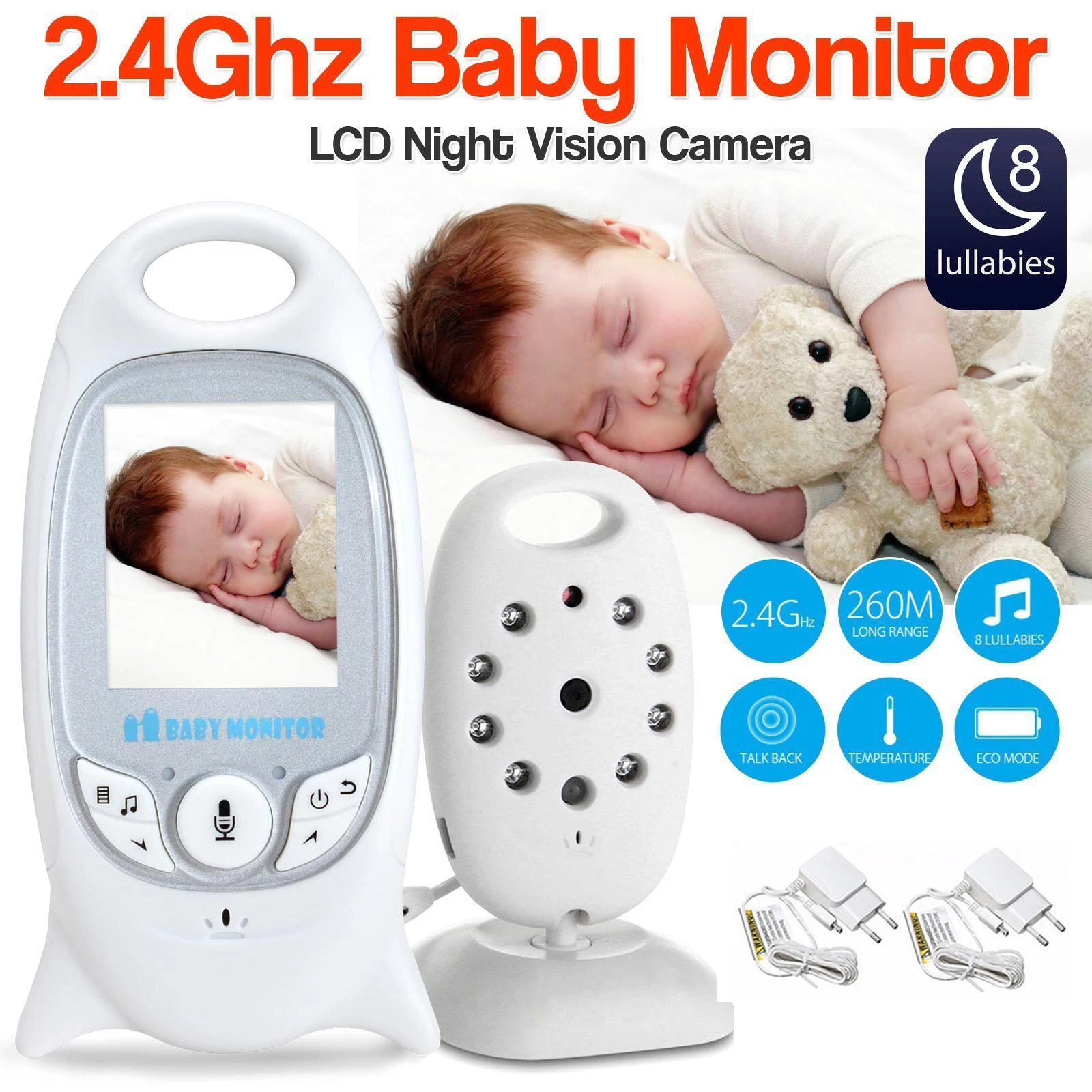 Video Baby Monitor 2 inch BeBe Baba Electronic Babysitter Radio Video Nanny Camera Night Vision Temperature Monitoring 8 Lullaby