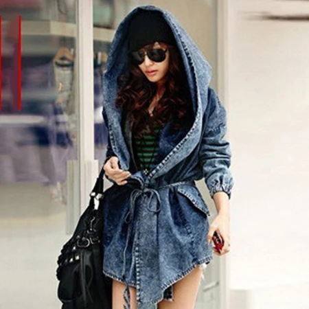 Джинсовая верхняя одежда осень/зима Женская Повседневная модная ветровка джинсовые женские пальто с капюшоном высокого класса ковбойские тренчи - Цвет: blue