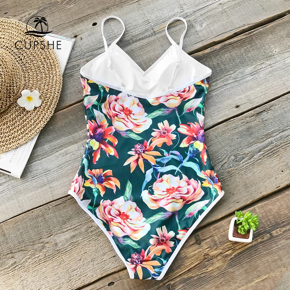 Kaufen CUPSHE Tropical Floral Print V ausschnitt einteiliges Badeanzug Frauen Piping Monokini Badeanzug 2020 Mädchen Sexy Bademode