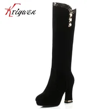 2016 Winter Frauen kniehohe Stiefel Plattform starke Ferse Schuhe nieten Elegante damen motorradstiefel für frauen party schuhe