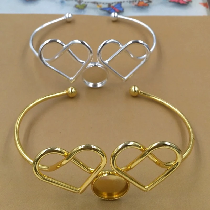 

High Quality 12mm 2 Color Plated Silver and Gold Cameo Heart Bangle Base Bracelet Blank Findings Setting Cabochon Cameo(08606)
