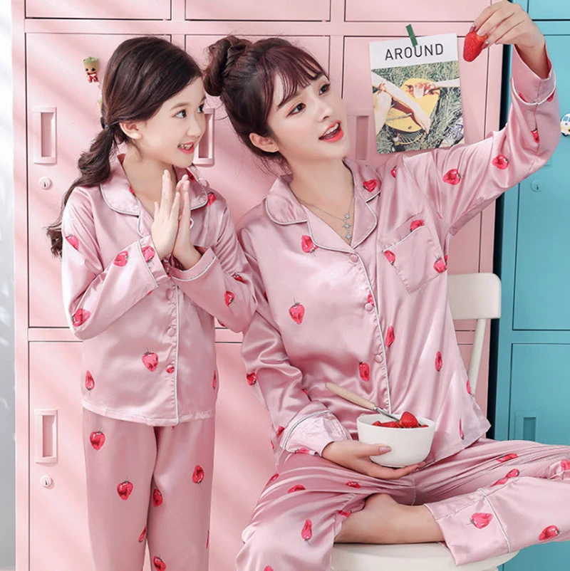 Mother Daughter Pajamas Sets 2019 Mom And Girls Boys Silk Home Wear Long Sleeve Sleepwear 2Pcs Sets Family Matching Outfits PJ36