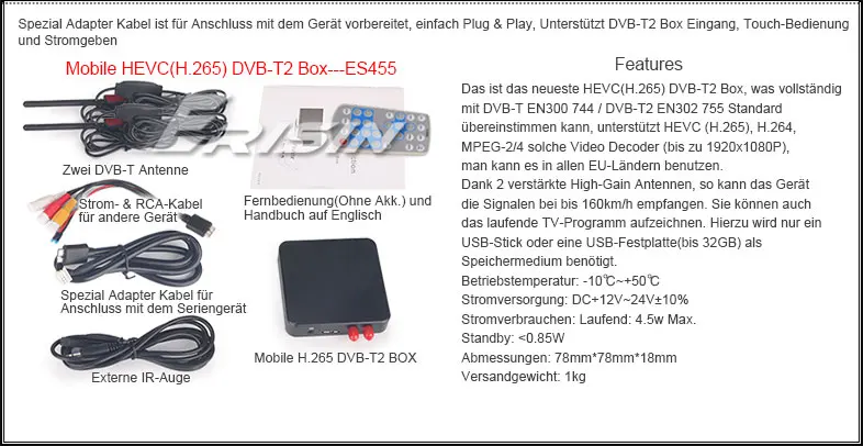 Erisin ES455 мобильный HEVC(H.265) DVB-T2 коробка для использования в Германии Bestellen Sie das HD DVB-T Box mit