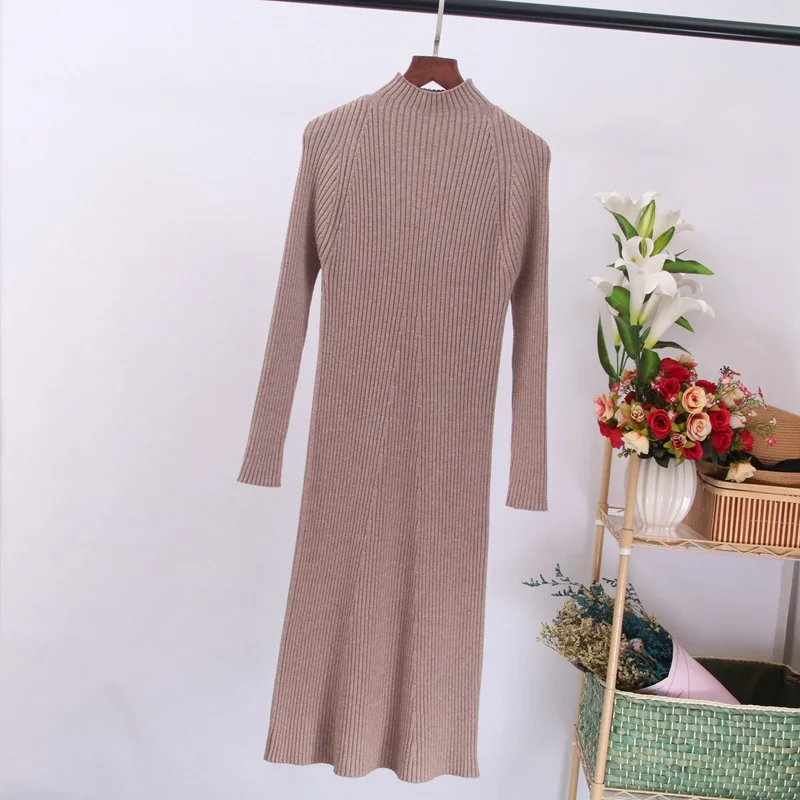 ONLYSVTER Women Autumn Winter Sweater Knitted Dress Thick Warm Knee-length Dress Rib Slim Female Dress - Цвет: khaki XY08
