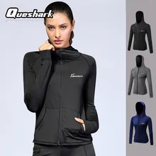 Queshark, профессиональная женская куртка для бега с капюшоном, быстросохнущая куртка на молнии для фитнеса, йоги, Женская толстовка с длинным рукавом, Прямая поставка