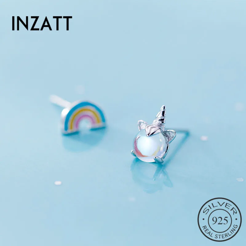 

INZATT Real 925 Sterling Silver Crytal Unicorn Stud Earrings For Fashion Women Enamel Rainbow Party Cute Fine Jewelry 2019 Gift