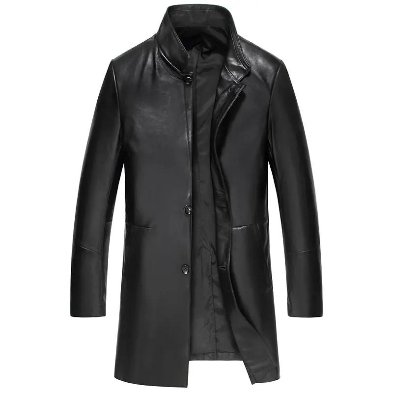 Dusen Кляйн мужская куртка из натуральной кожи Весенняя Длинная черная/тонкая/Простой деловой стиль/овчина черная 61B1622
