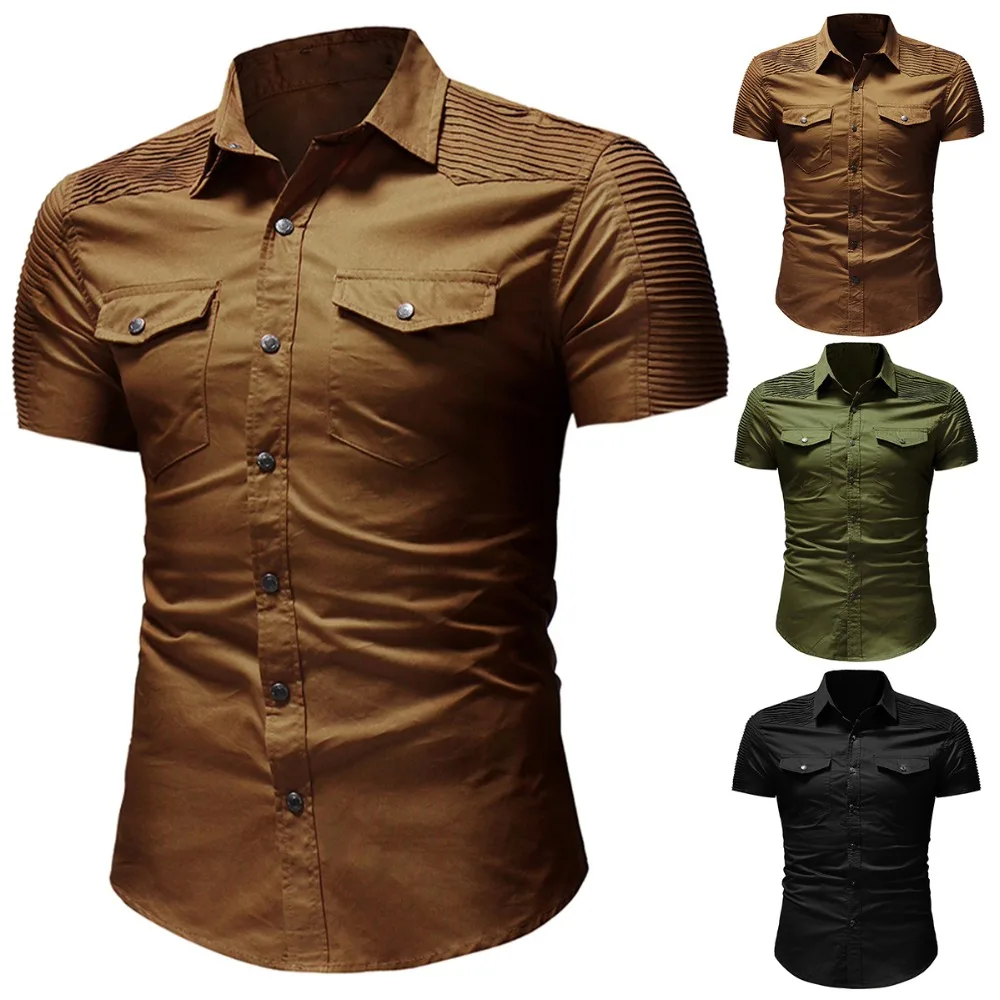 2018 New Men Summer Fashion Short Sleeve Pocket Button Turn down Collar