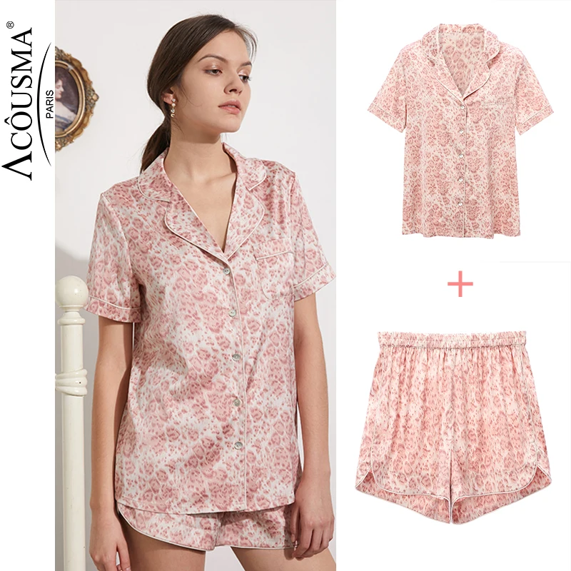 

Woman Summer Pajamas Set Sexy Satin Faux Silk Short Sleeves Suit Sleep Lounge Pyjama Two Piece Set Lounge Plus Size