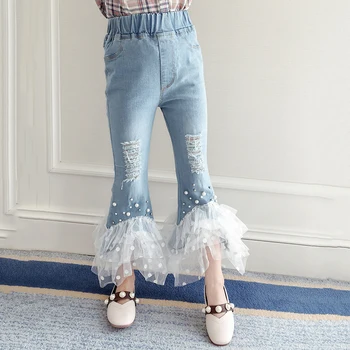 

Girls Jeans Denim Pants Patchwork Lace 2019Spring Girls Pants Children Jeans Ruffle Pants for Baby Girls Boot Cut Denim Trousers