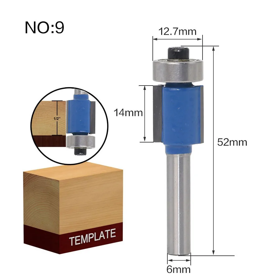 1 шт. 6 мм хвостовик древесины фрезы прямой концевой фрезы триммер очистки заподлицо отделка угловая круглая бухта коробка биты инструменты фрезы - Длина режущей кромки: NO9