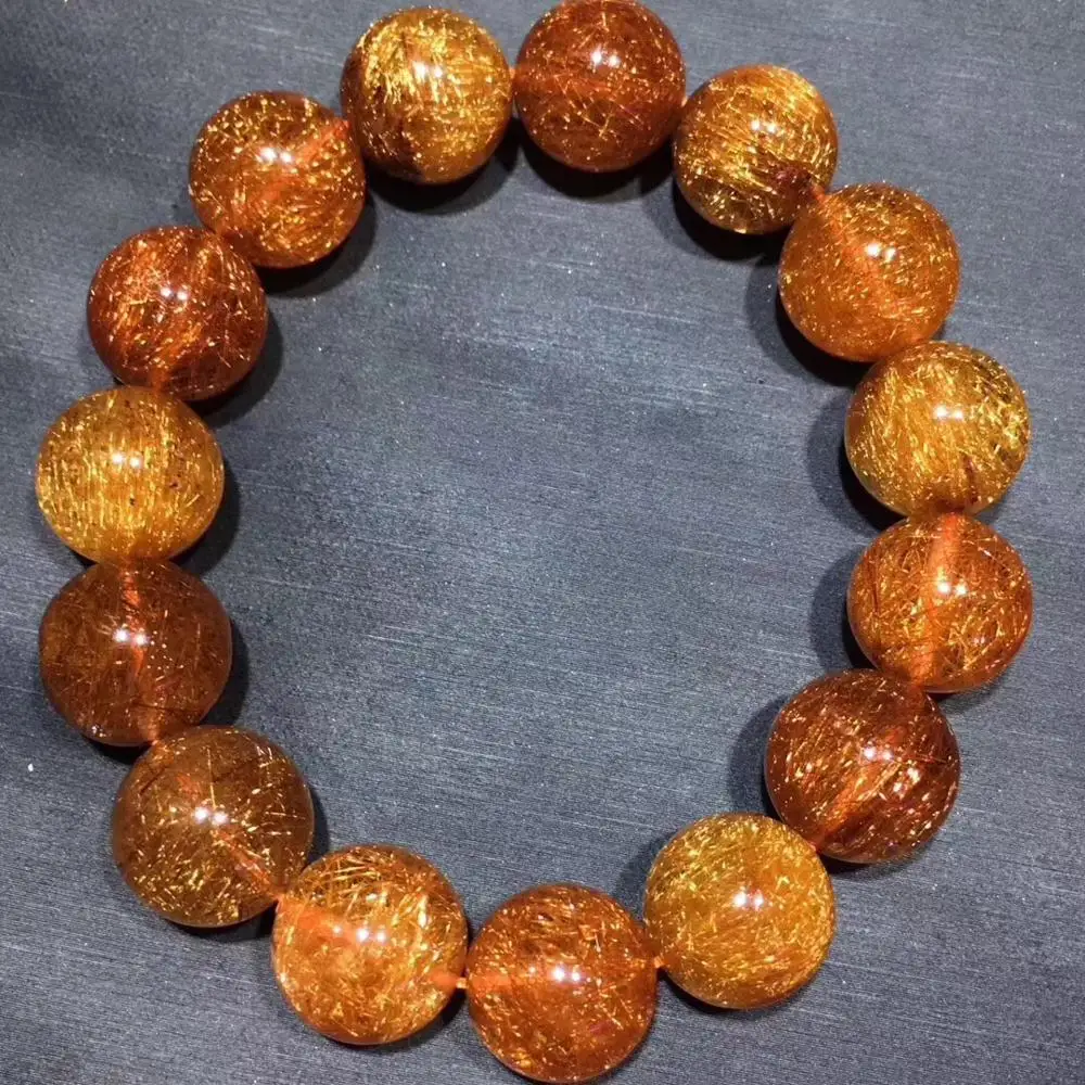 

14.5mm Natural Copper Rutilated Bracelet For Women Men Business Love Gift Big Round Beads Quartz Crystal Fashion Bracelets AAAAA