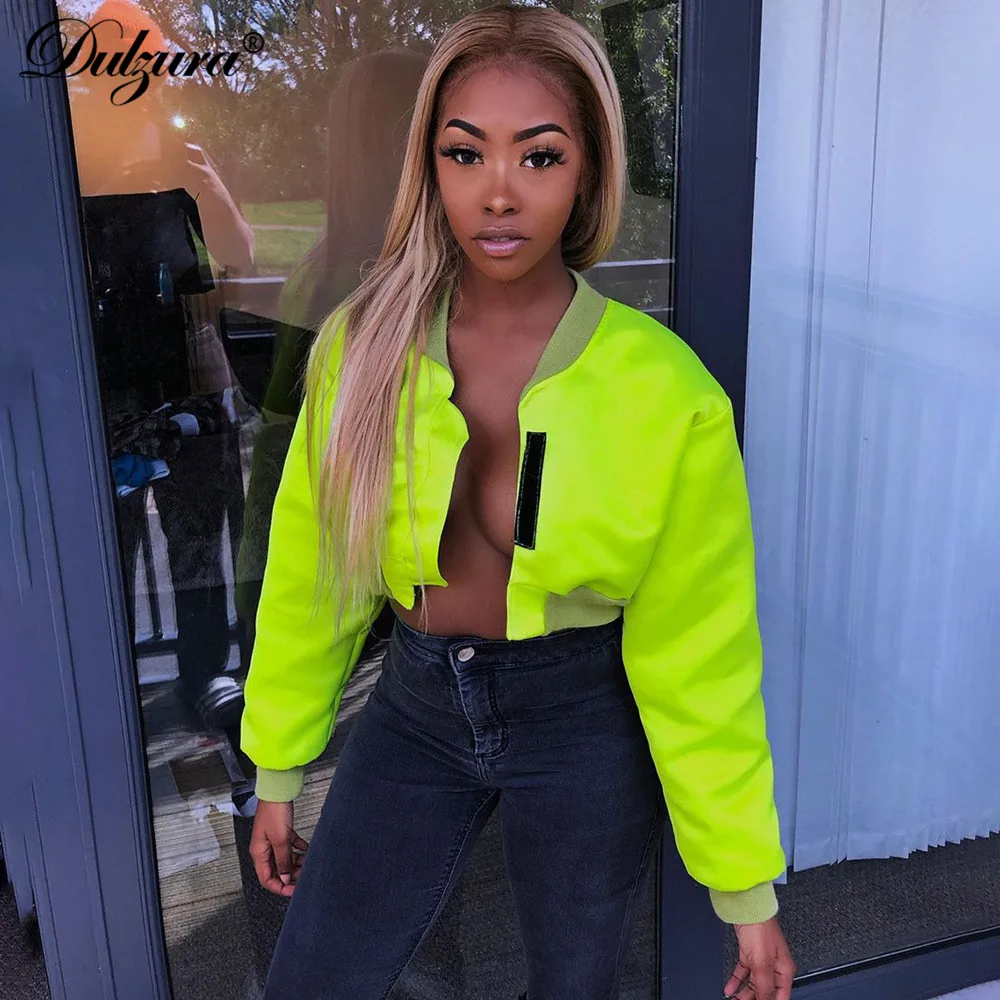 

Dulzura 2019 autumn winter women neon jacket long sleeve coats crop top clothes streetwear casual festival gothic oversize loose