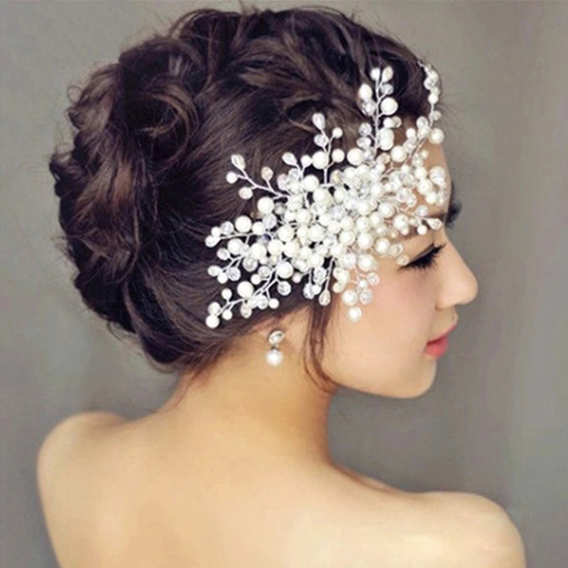 

Bridal Hair Accessories Pearl Flower Hair Clip Crystal Rhinestone Bead Bride Hairband Headwear Wedding Jewelry Joyas