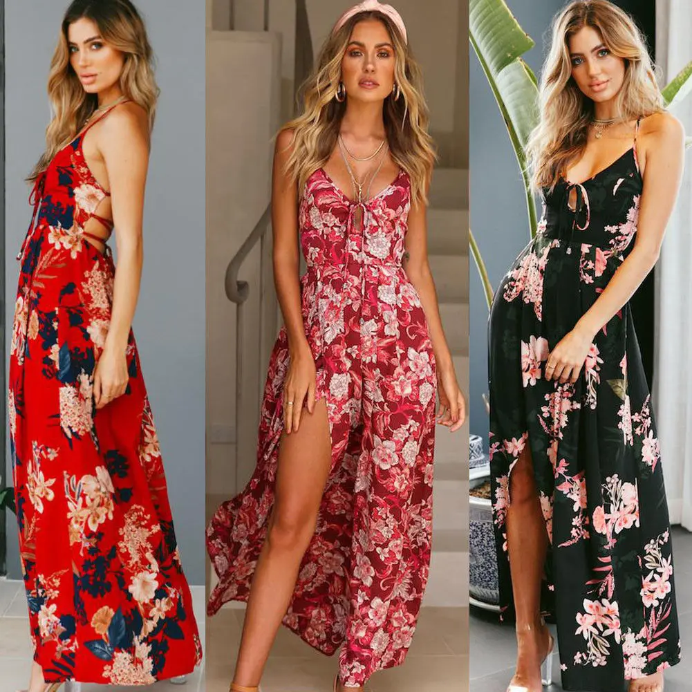 

Women Summer Sleeveless Floral Dress Evening Party Beach Long Dress Summer Backless Strap bohemian beach dress