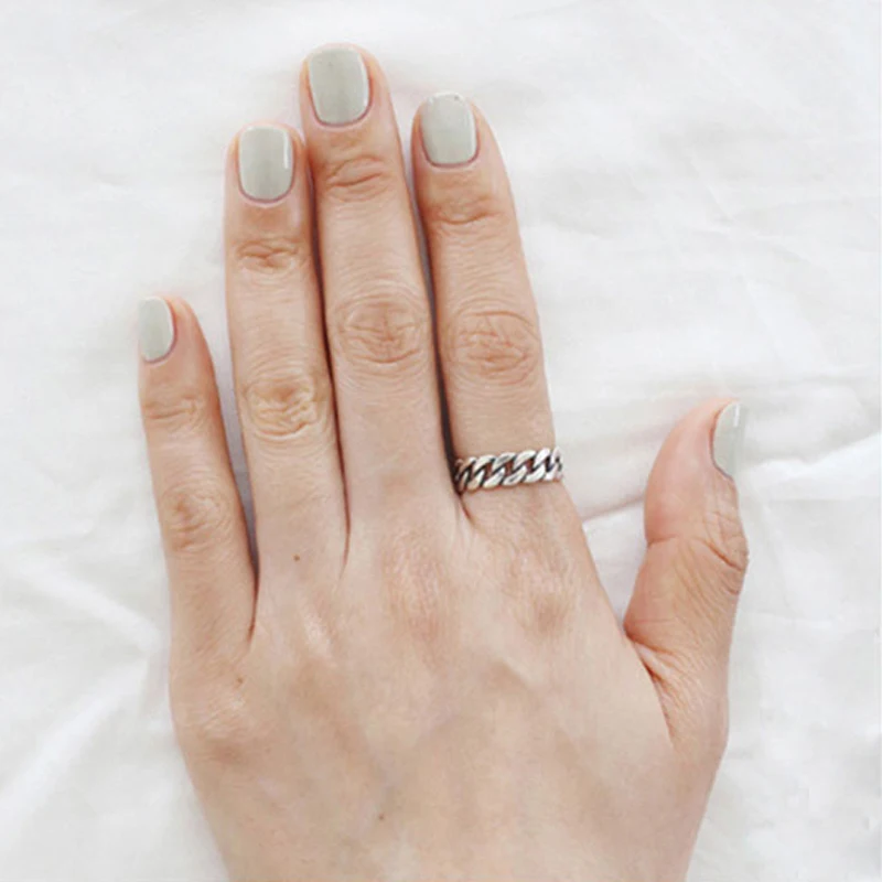 

ROCKART Real 925 Sterling Silver Retro Trendy Flat Chain Open Ring For Women Adjustable Fashion Jewelry Wholesale Korean Design