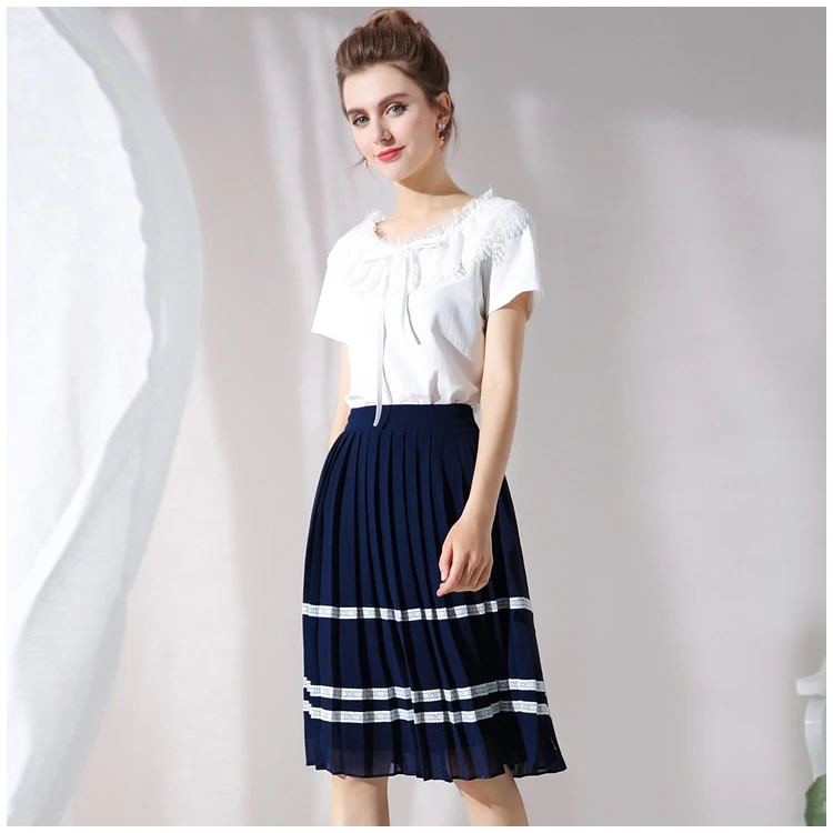 AOFULI L-XXXL 4XL 5XL полосатая Юбка До Колена, летняя плиссированная юбка для женщин, плюс размер, темно-синяя юбка, повседневная одежда A3503
