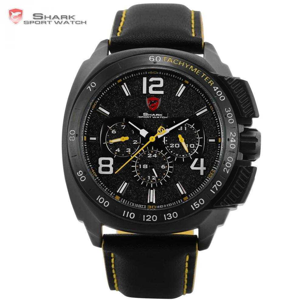 

Tiger Shark Sport Watch Brand New Date 24Hrs Black Yellow Bezel Leather Strap Male Clock Racing Men Male Quartz Watches /SH416