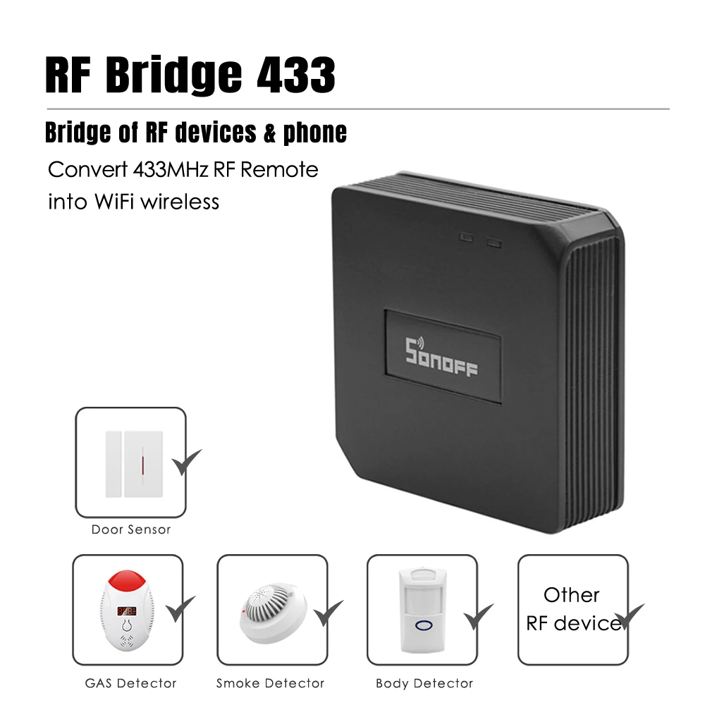 Интеллектуальный выключатель света Sonoff RF Bridge Smart комплект для обеспечения домашней безопасности 433 МГц Wi-Fi Беспроводной преобразователь сигнала PIR2/DW1 дверная оконная сигнализация Сенсор домашней автоматизации