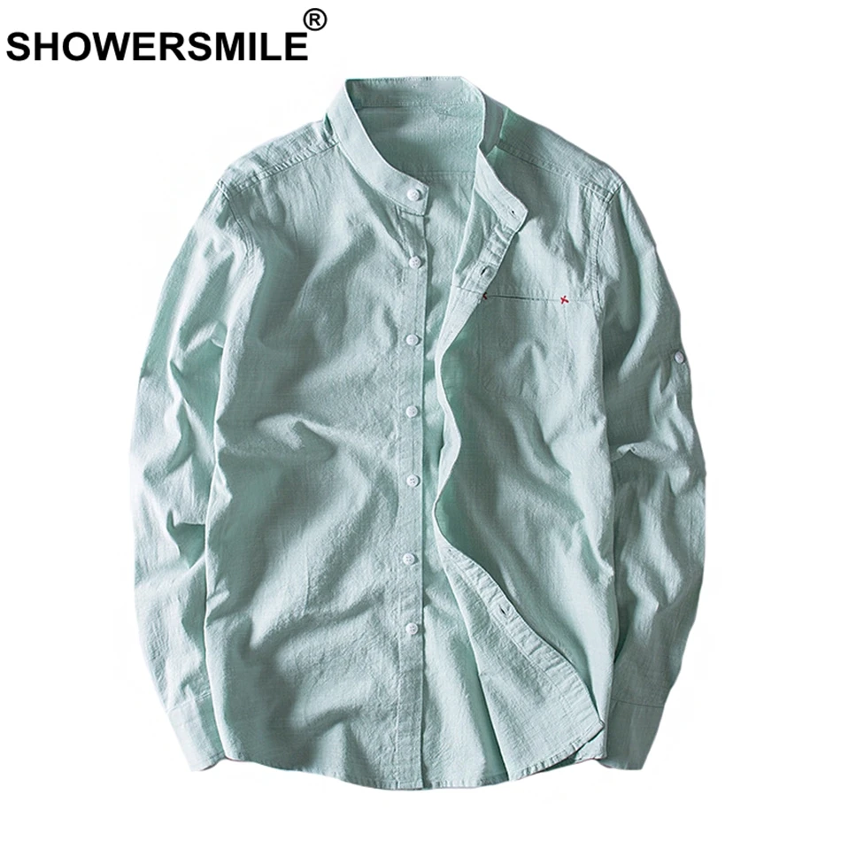 

SHOWERSMILE Mandarin Collar Shirt Men Casual Cotton Linen Long Sleeve Slim Fit Shirt Male Summer Autumn Shirts Male Clothing