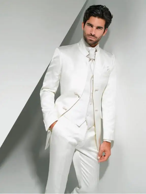 Новое поступление жениха смокинги для женихов Мандарин нагрудные для мужчин костюм белый дружка/Best Man Свадебные/выпускные костюмы