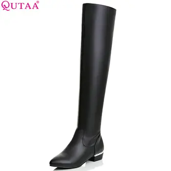 

QUTAA 2018 Elegant White Square Low Heel Over The Knee Boots Women Shoes Round Toe Warm Boots Casual Shoes Sown Boots size 34-43