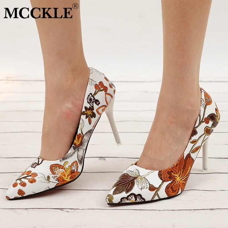 

MCCKLE Women Pumps Heel Shoes Pointed Flower Pattern Sexy High Heel Female Heels Ladies Dress Shoes Stilettos sapato feminino