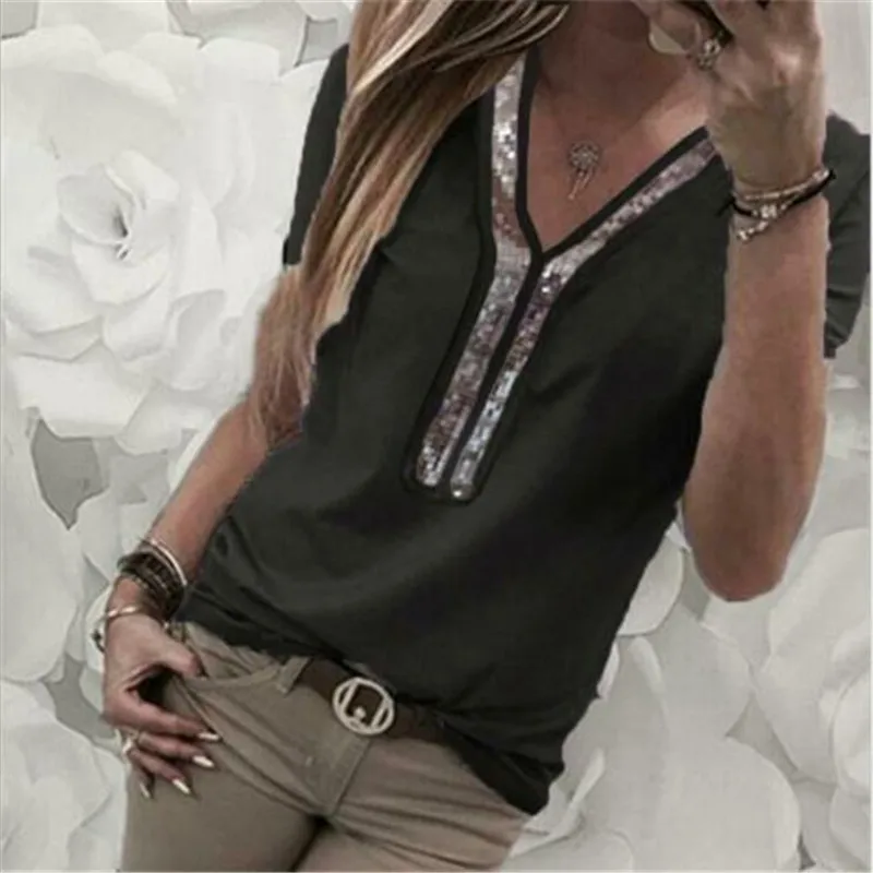 

2019 Summer Casual Patchwork Tshirt V-neck Sequined Short Sleeve T shirt Plus Size Tops Tees For Women L-4XL W3