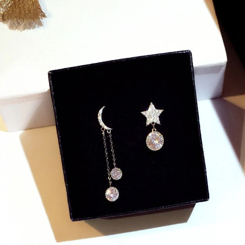 

Moon Star Drop Earrring AAAAA cz Real 925 sterling silver Statement Party Wedding Dangle Earrings for women Bridal Jewelry
