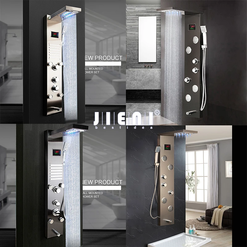 Excellent JIENI LED Bathroom Shower Faucet Temperature Digital Display Shower Panel Body Massage System Jets Towel Shower Column Faucet 0