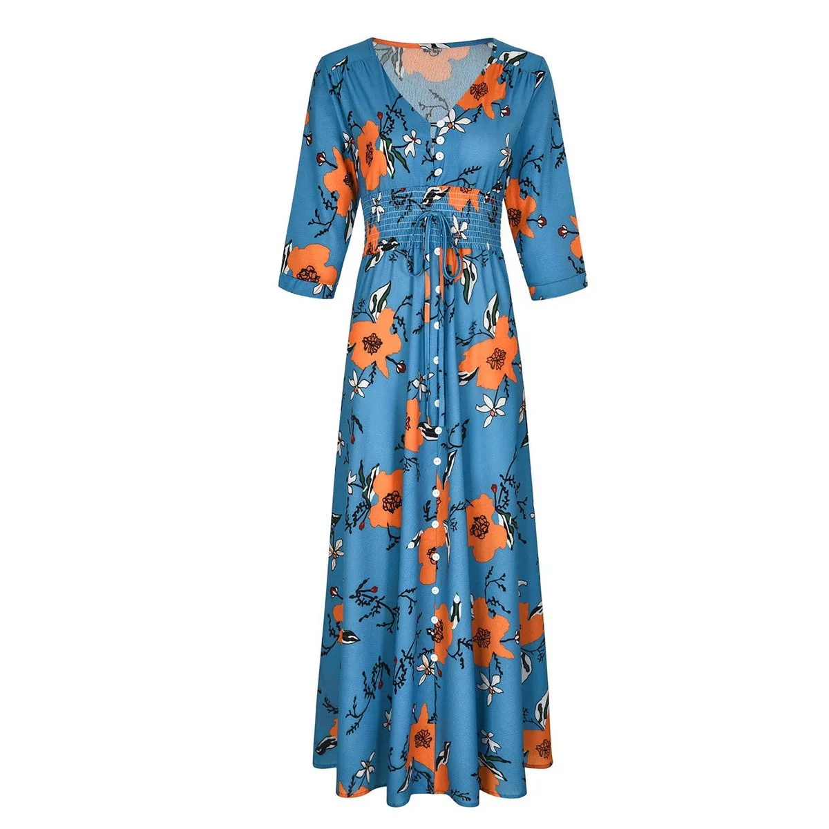S. FLAVOR, новая женская одежда, рукав три четверти, богемный стиль, бохо, длинные платья, v-образный вырез, цветочный принт, Ретро стиль, тонкие вечерние платья - Цвет: blue