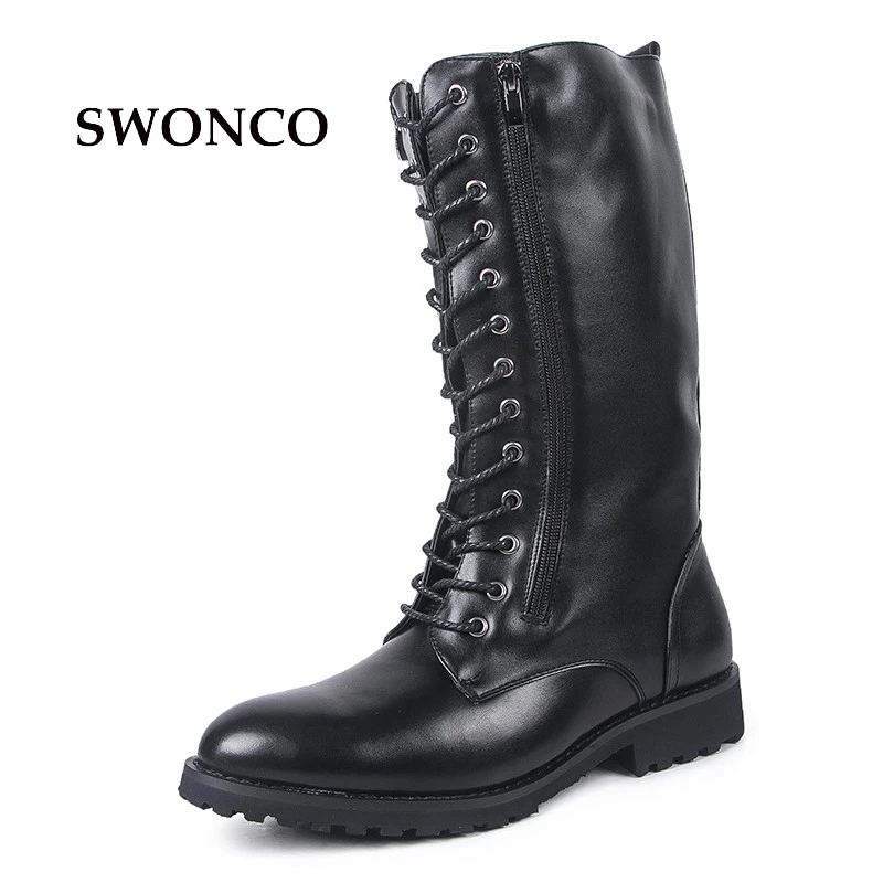 

SWONCO Men's Boots PU Leather Fashion Lace up High Boot Male Shoes Leather Winter Boots Men Pointed Toe Shoes Black Color Boot