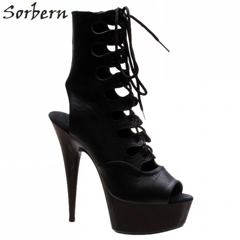 

Sorbern Cross-Tied Slingbacks Ankle Boots Peep Toe Spike Super High Heels Platform Solid Fashion Shoes Women Designers Boots