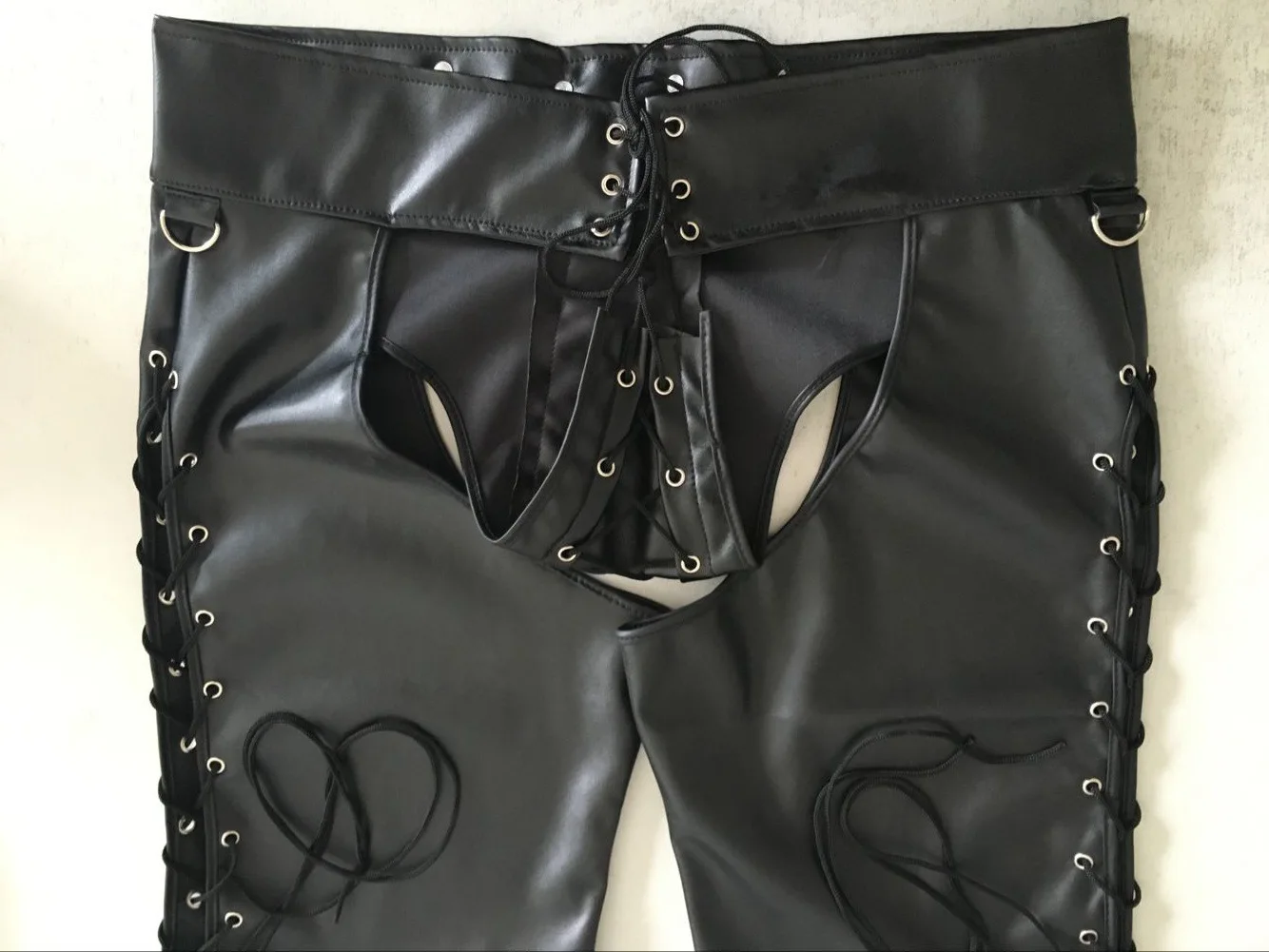 Men Black Faux Leather Open Butt Boxer Shorts Bulge Pouch Side Lace Up Muscle Underwear Fetish Hot Pants Clubwear