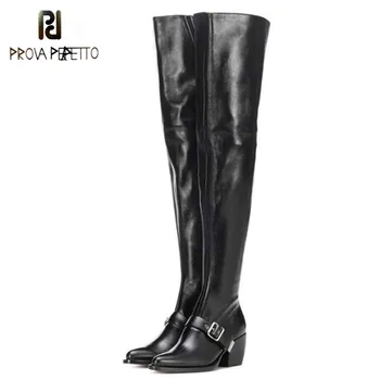 

Prova Perfetto High Quality Over The Knee Boots Women Pointed Toe Thick Heel Boats Mujer Belt Buckle Thigh High Boots Size 34-44