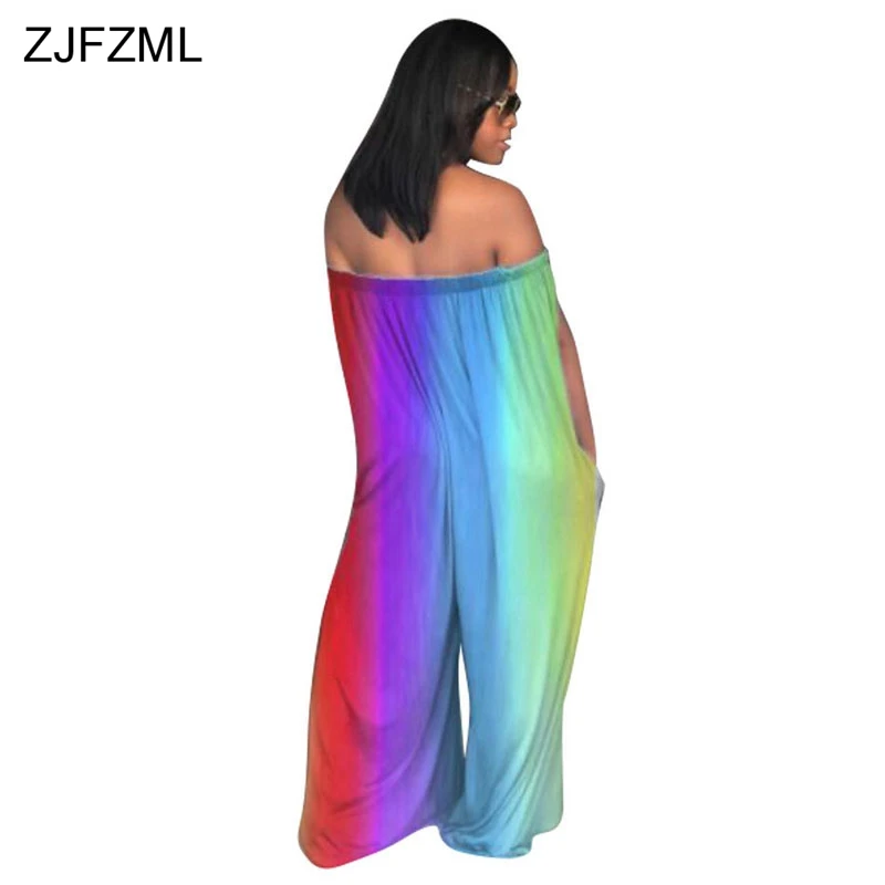 ZJFZML Womens Plus Size Rompers Summer Tie Dye Print Casual Loose Overalls Ladies Backless Off Shoulder Sexy Club Jumpsuits