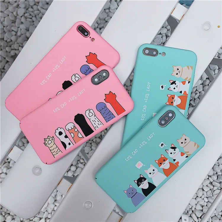 

Kawaii Cute Cat Phone Case For iPhone 7 7 Puls 6S 7 8 Puls X XS Cases Hard Plastic Candy Color Matte Back Cover Pink Blue