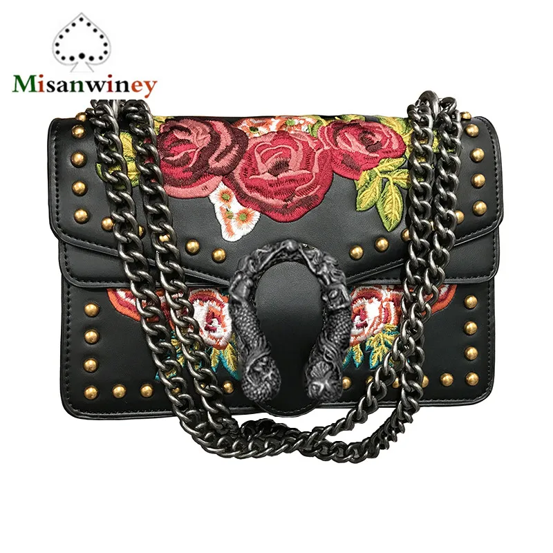 

Luxury Crossbody Bags Leather Handbags Fashion Rivets Embroidered Flowers Chain Shoulder Bag Black White Female Purses Clutch GG