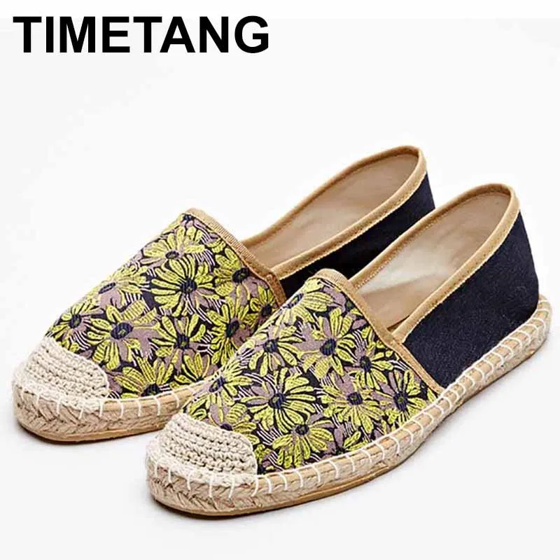 

TIMETANG Fashion Ethnic Casual Espadrilles Flat 2018 New Women Sunflower Printed Embroider Slip on Fishermen Hemp Rope Shoe E253