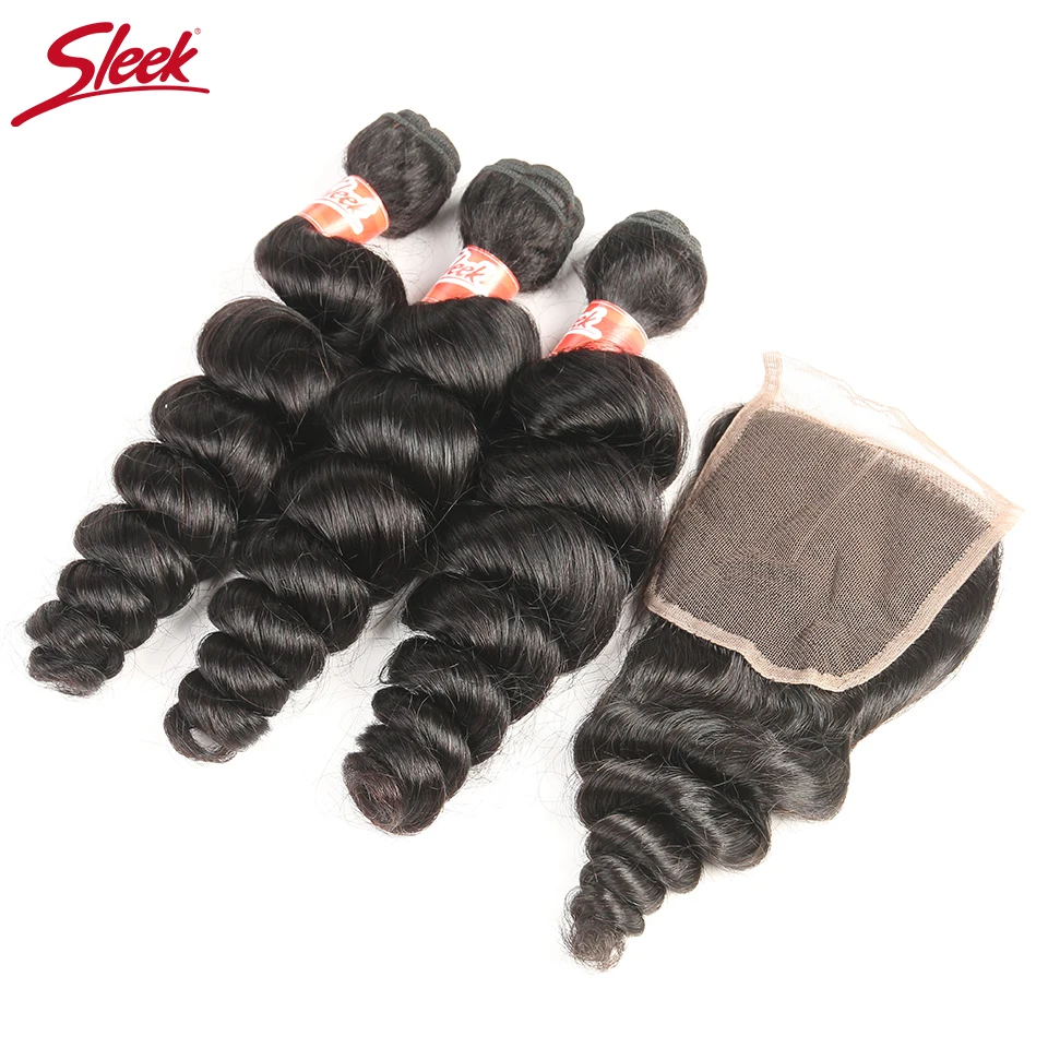 

Sleek Natural Color Brazilian Human Hair Bundles With Lace Closure Loose Wave Bundles With Closure Non Remy Hair Weave Free Ship