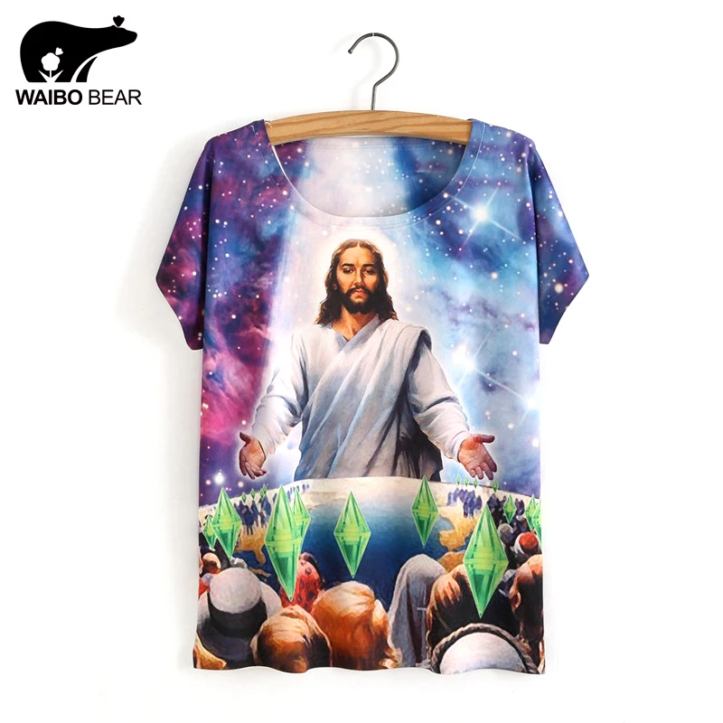 

Women Summer Space Galaxy T Shirts Religion Jesus Died For Your Sims 3D T Shirt Unisex Casual Crewneck Tee Shirts Costume