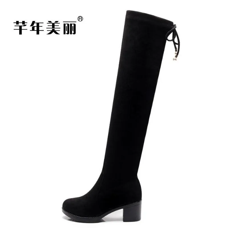 Autumn winter large size waterproof high heel suede knee boots elastic boots Small size Long tube boots women boty topuklu bot Autumn winter large size waterproof high heel suede knee boots elastic boots Small size Long tube boots women boty topuklu bot
