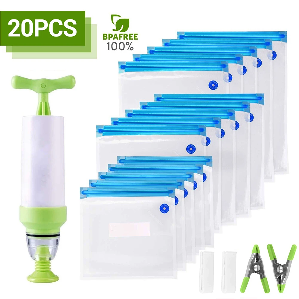 20 шт./компл. Многоразовые Пакеты для хранения пищевых продуктов, вакуумные пакеты с ручным насосом, герметичные зажимы, пищевая упаковка для замораживания пищевых продуктов|Целлофановые и пластиковые пакеты|   | АлиЭкспресс