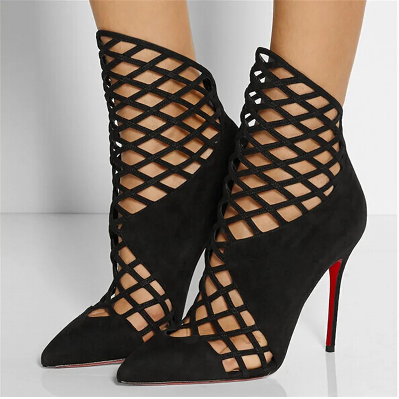 WOMEN/'S BLACK POINTED TOE STILETTO SHOE-BOOTS WITH HEEL CUT-OUT