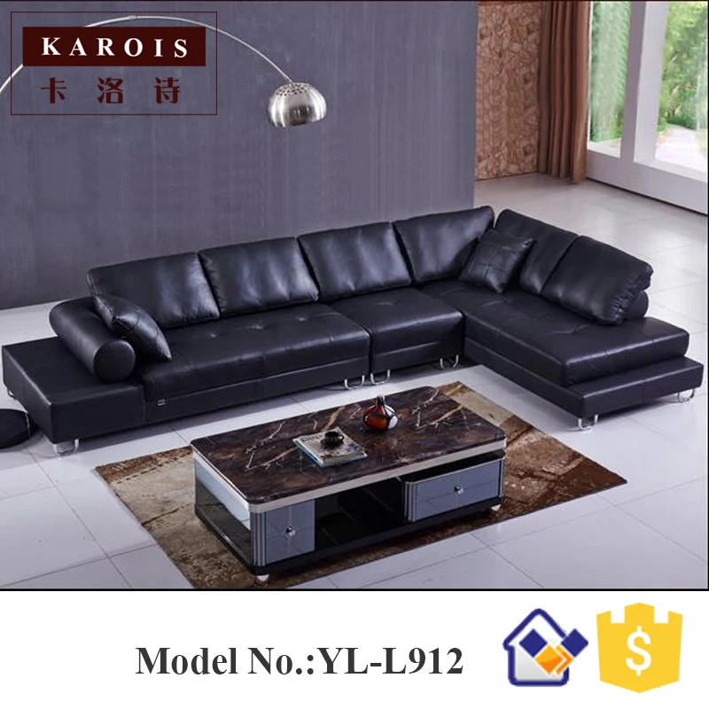 Negro moderno en forma de L plataforma cuero sofá seccional muebles