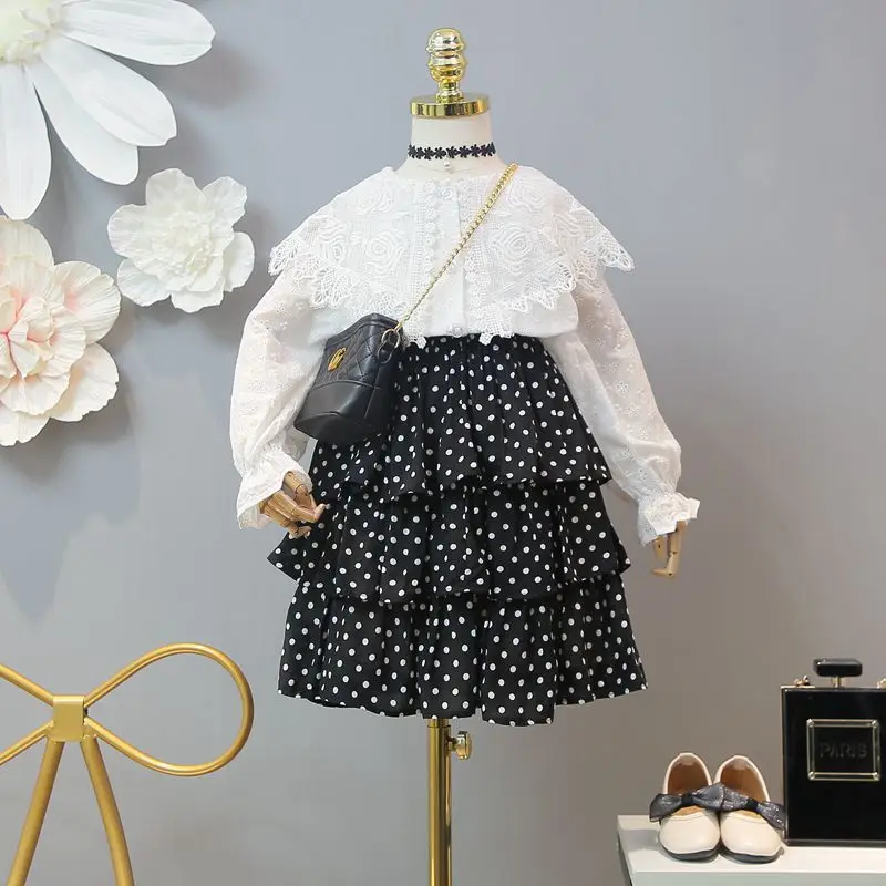 

Children's clothing new 2019 spring girls sweet small fresh lace large lapel solid color long-sleeved shirt foreign gas