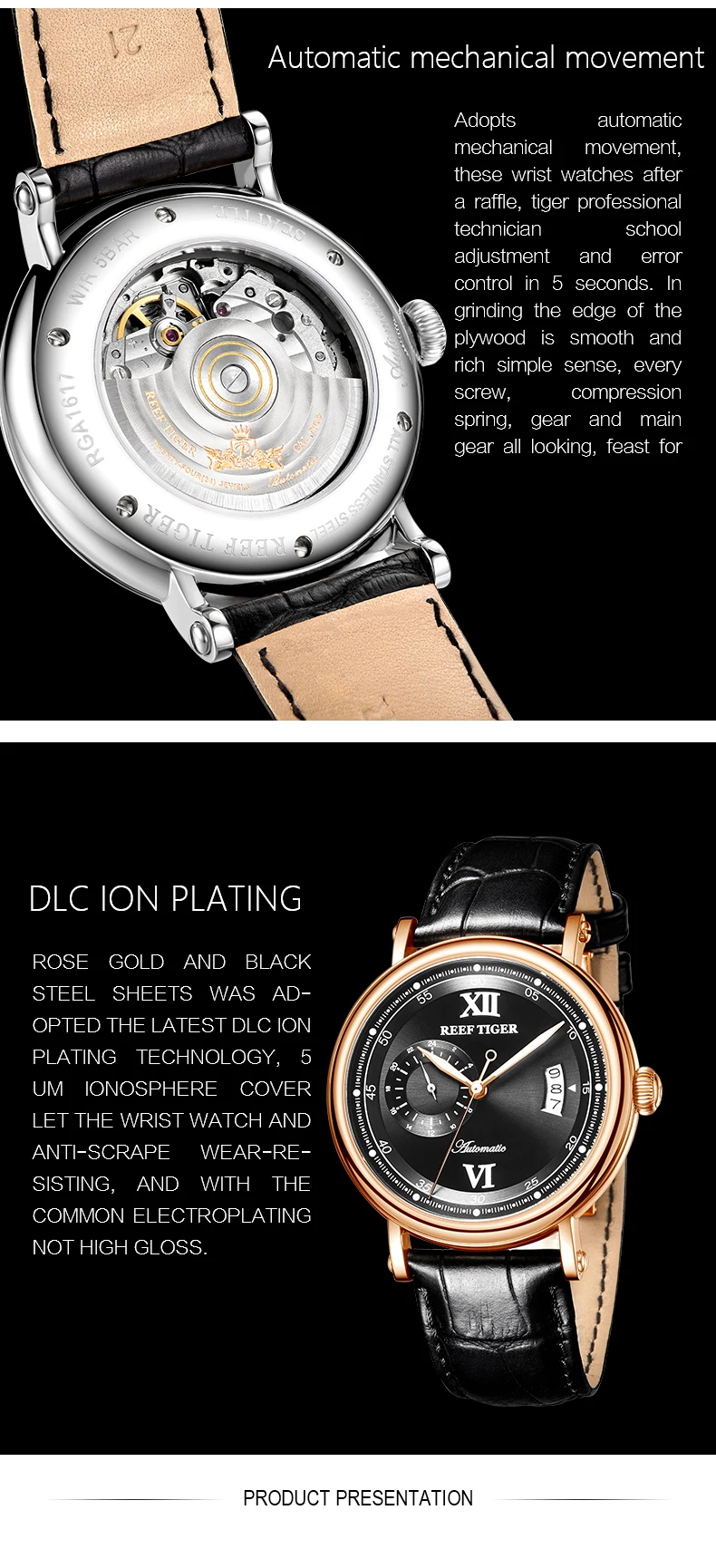 Reef Tiger/RT роскошные часы, мужские креативные часы, новинка, розовое золото, автоматические часы, большая дата, синие аналоговые часы, 5 бар, RGA1617-2