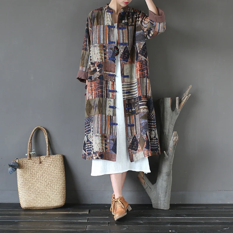 

Cotton Linen Long sleeve Long Coat Women Chinese style Vintage Print Casual Trench Coat Autumn Spring Original Design Coat A206