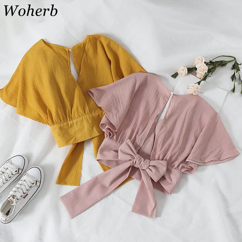 

Woherb 2019 Summer Short Sleeve Blouse Women Crop Tops Elegant Back Bow Bandage Shirt Ladies Backless Kawaii Blusas 20904