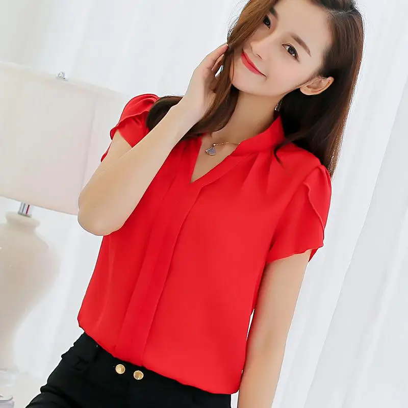 Летняя женская шифоновая блузка с коротким рукавом, красные женские офисные рубашки размера плюс, рабочая верхняя одежда размера плюс, повседневная женская одежда - Цвет: red